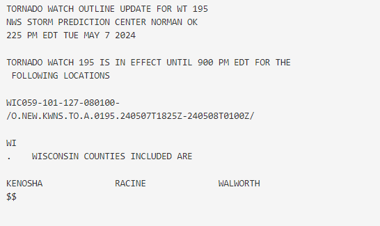 Tornado Watch - Town of East Troy, Walworth County, Wisconsin